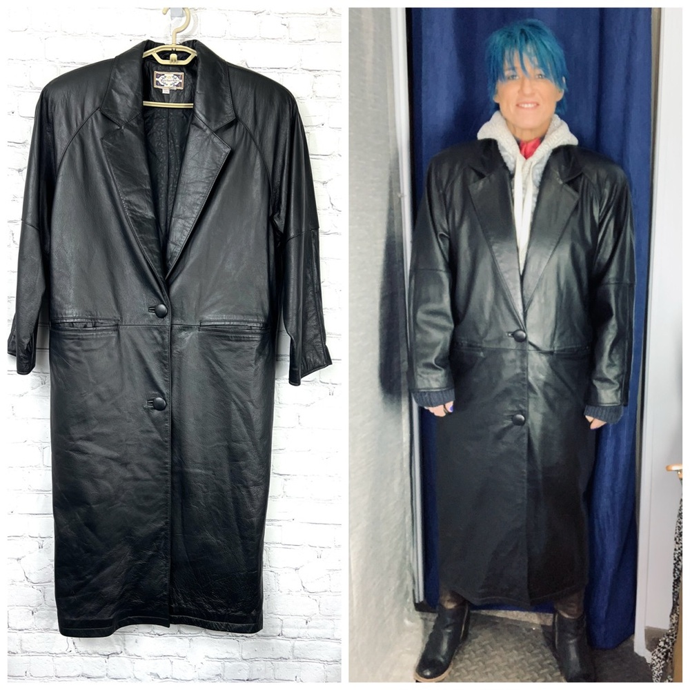 VINTAGE |•PARIS SPORT CLUB•| Long Black Leather Jacket/Coat Duster Size XL